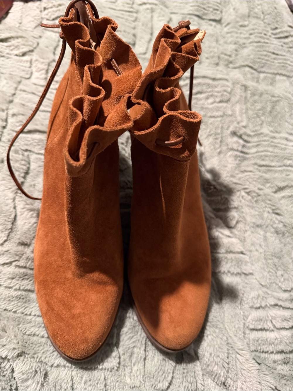 crown & ivy Ruffle-Smock Suede Ankle Booties - Chestnut Brown